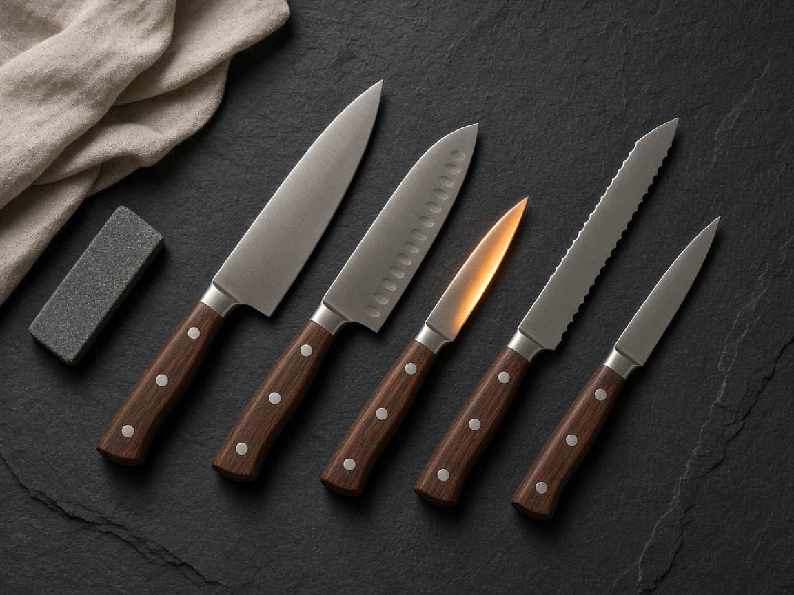 A chef using a kitchen knife at a wooden board