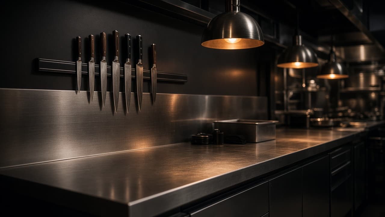Professional kitchen with a row of chef's knives on a magnetic rail